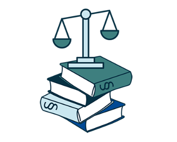 En illusration med en hög lagböcker och på böckerna står en vågskål